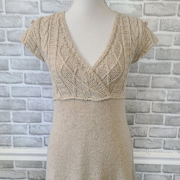 Button Wool V-neck Wrap Front Sweater Dress Cable Knit Short Sleeve Knee Length - Picture 2 of 11